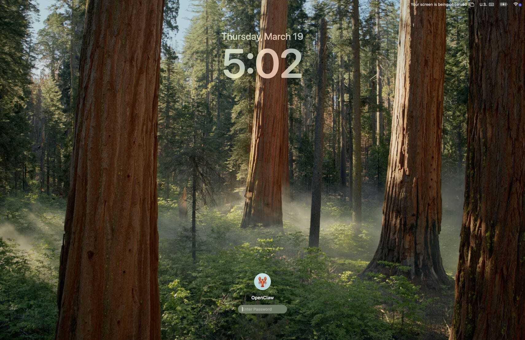 The macOS lock screen showing the OpenClaw user with a red lobster avatar